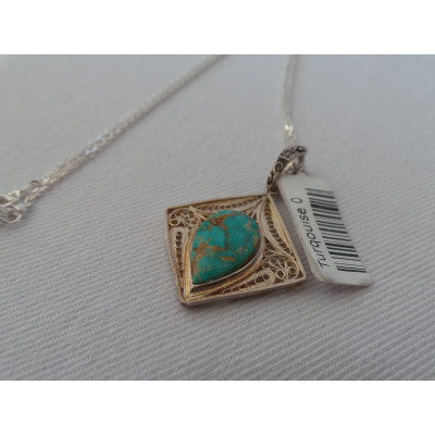 Turquoise Stone and Silver Pendant with Silver Necklace - HA2084