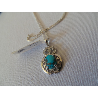 Turquoise Stone and Silver Pendant with Silver Necklace - HA2086