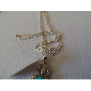 Turquoise Stone and Silver Pendant with Silver Necklace - HA2086-Persian Handicrafts