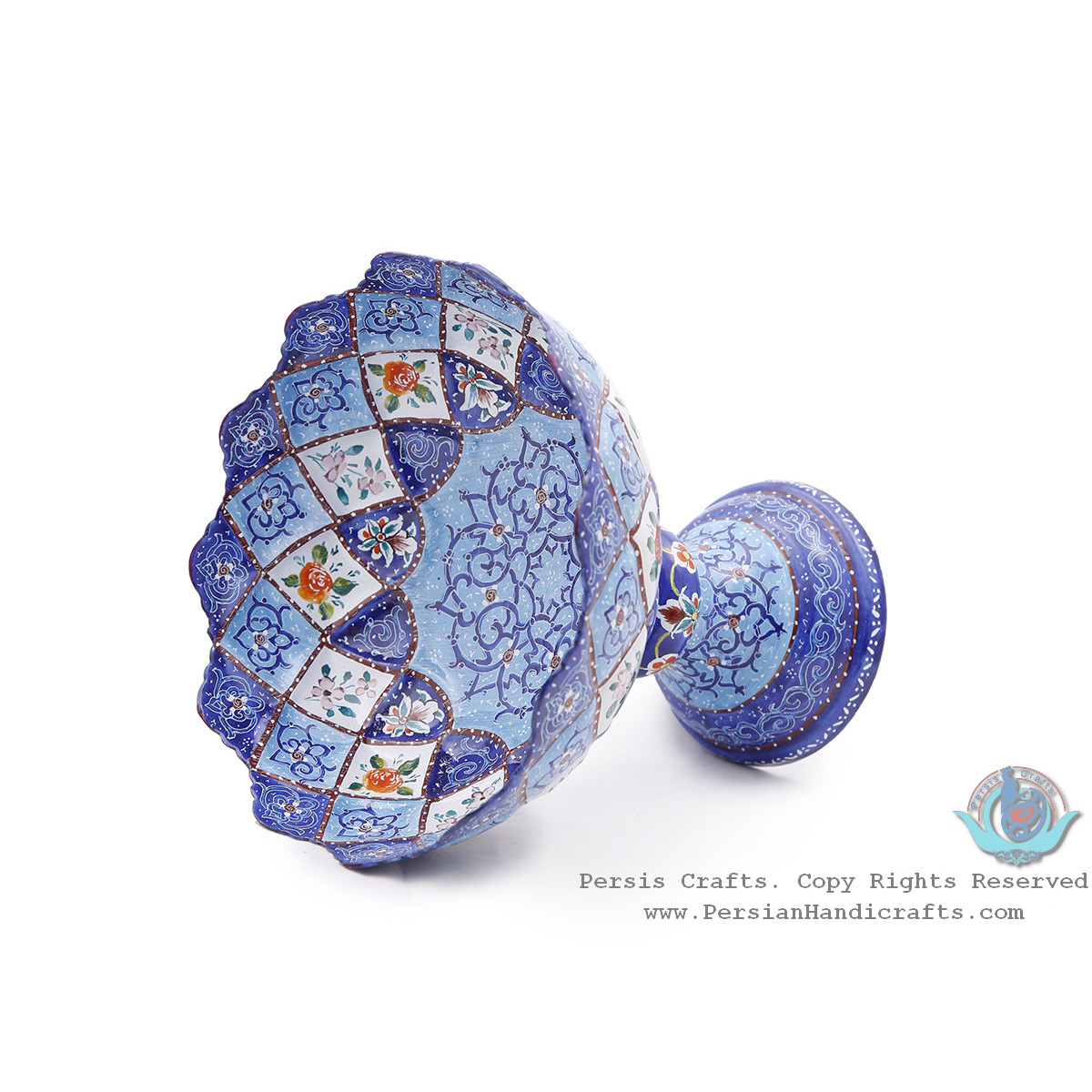 Premium Pedestal Dish w Azure Eslimi Minakari Design - HE4000-Persian Handicrafts