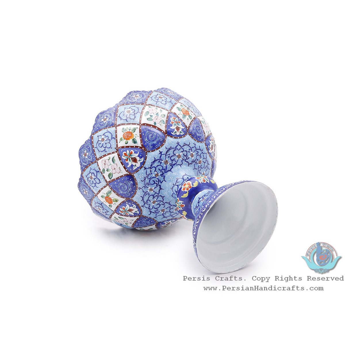 Premium Pedestal Dish w Azure Eslimi Minakari Design - HE4000-Persian Handicrafts