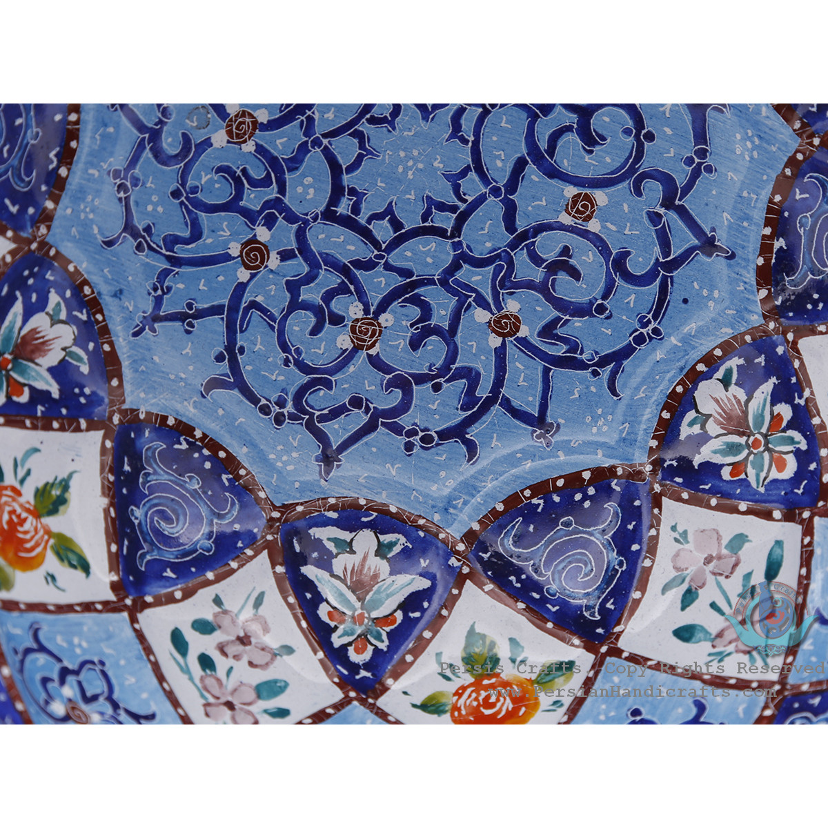 Premium Pedestal Dish w Azure Eslimi Minakari Design - HE4000-Persian Handicrafts
