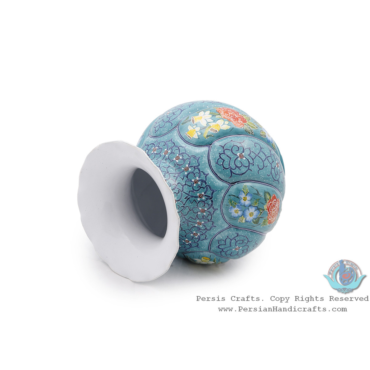Excellent Flower Vase w Eslimi & Flower on Turquoise Mina - HE4001-Persian Handicrafts