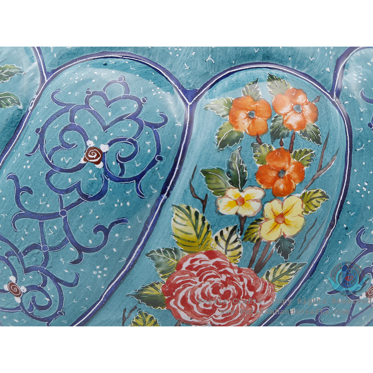 Excellent Flower Vase w Eslimi & Flower on Turquoise Mina - HE4001-Persian Handicrafts