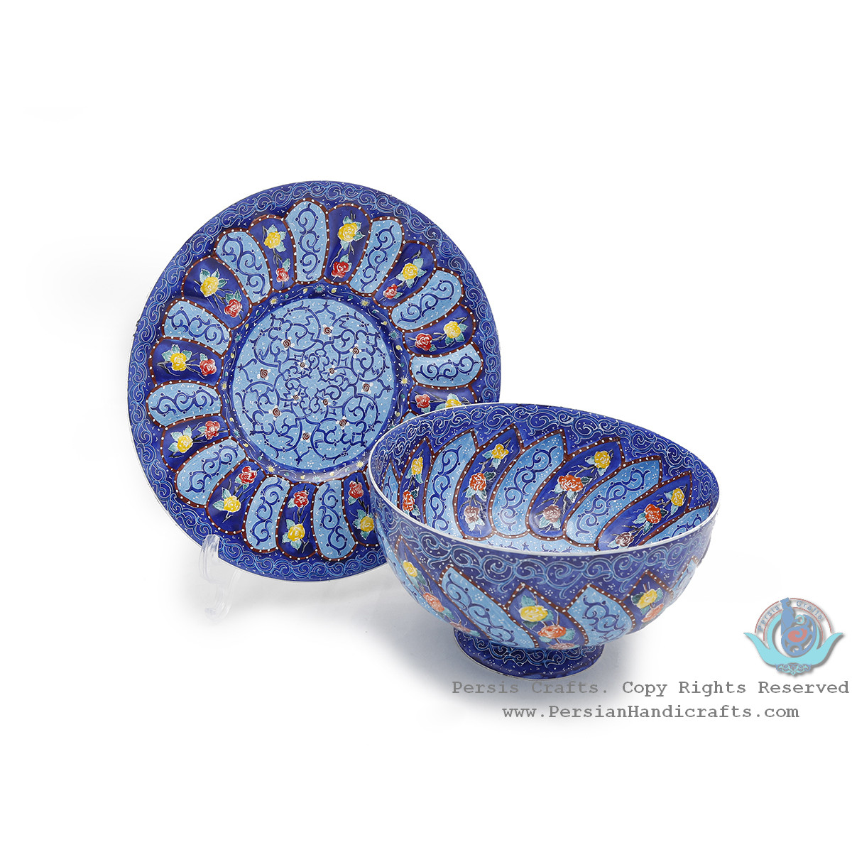 Classy Bowl & Plate Azure Minakari w Flower Eslimi Design- HE4007-Persian Handicrafts