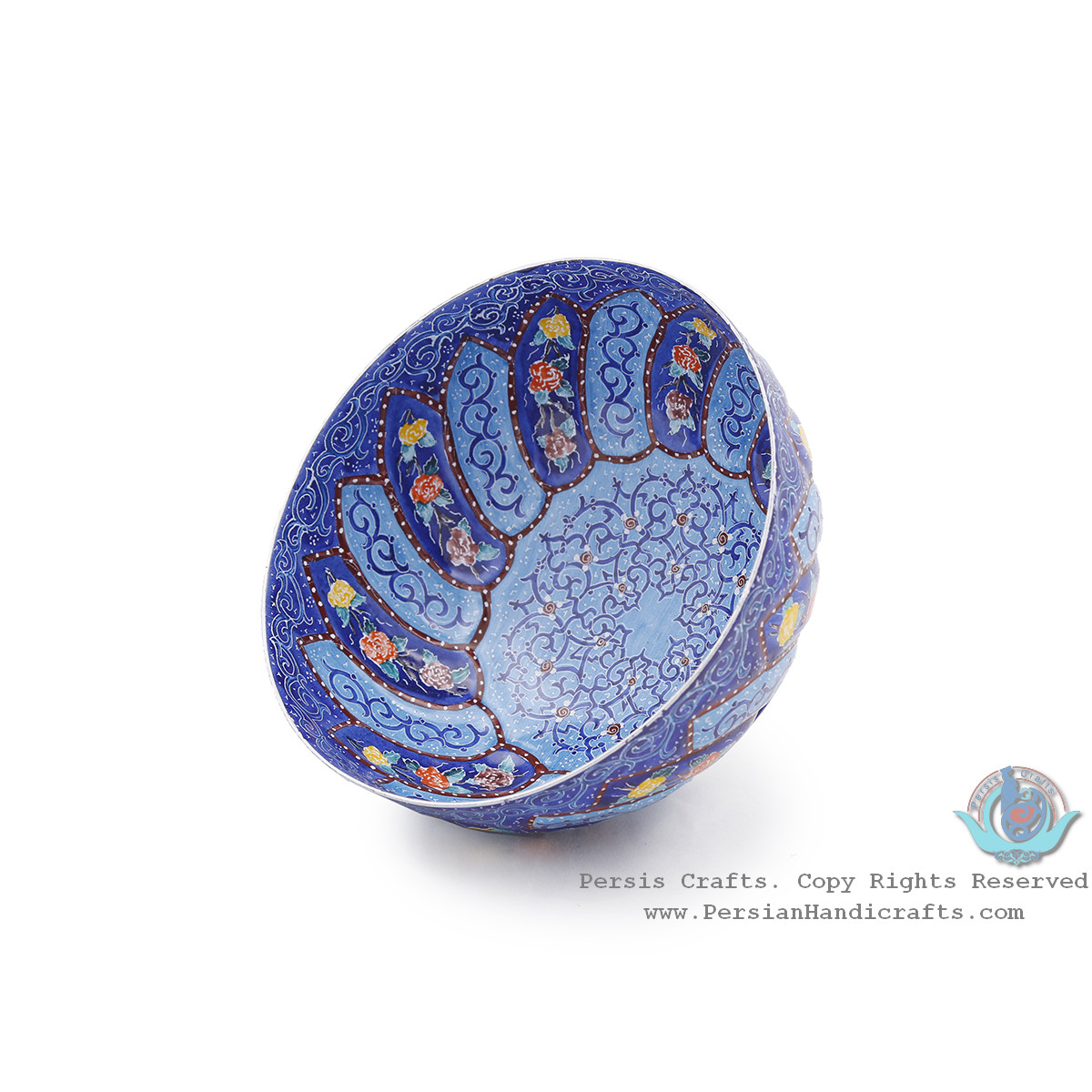 Classy Bowl & Plate Azure Minakari w Flower Eslimi Design- HE4007-Persian Handicrafts