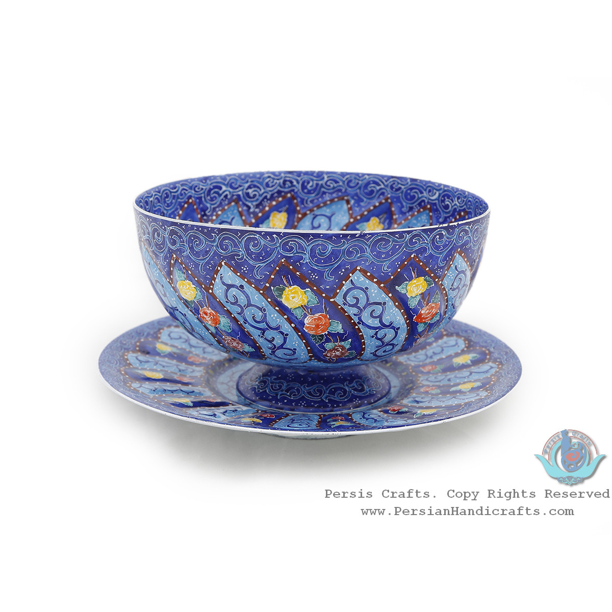 Classy Bowl & Plate Azure Minakari w Flower Eslimi Design- HE4007-Persian Handicrafts