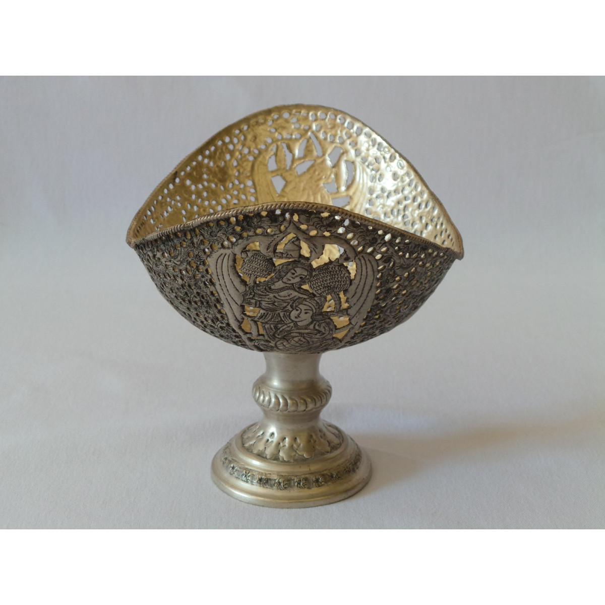 Hand Engraving on Sliver Plated Candy/Nut Pedestal Oval Bowl - HG2005-Persian Handicrafts