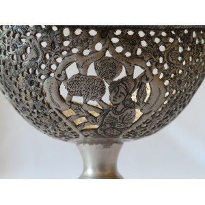 Hand Engraving on Sliver Plated Candy/Nut Pedestal Oval Bowl - HG2005-Persian Handicrafts