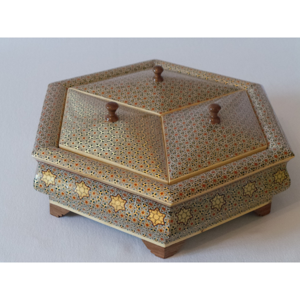 In & Out Khatam on Wood Candy/Nuts Hexagon Dish - HKH2044-Persian Handicrafts