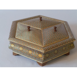 In & Out Khatam on Wood Candy/Nuts Hexagon Dish - HKH2044-Persian Handicrafts