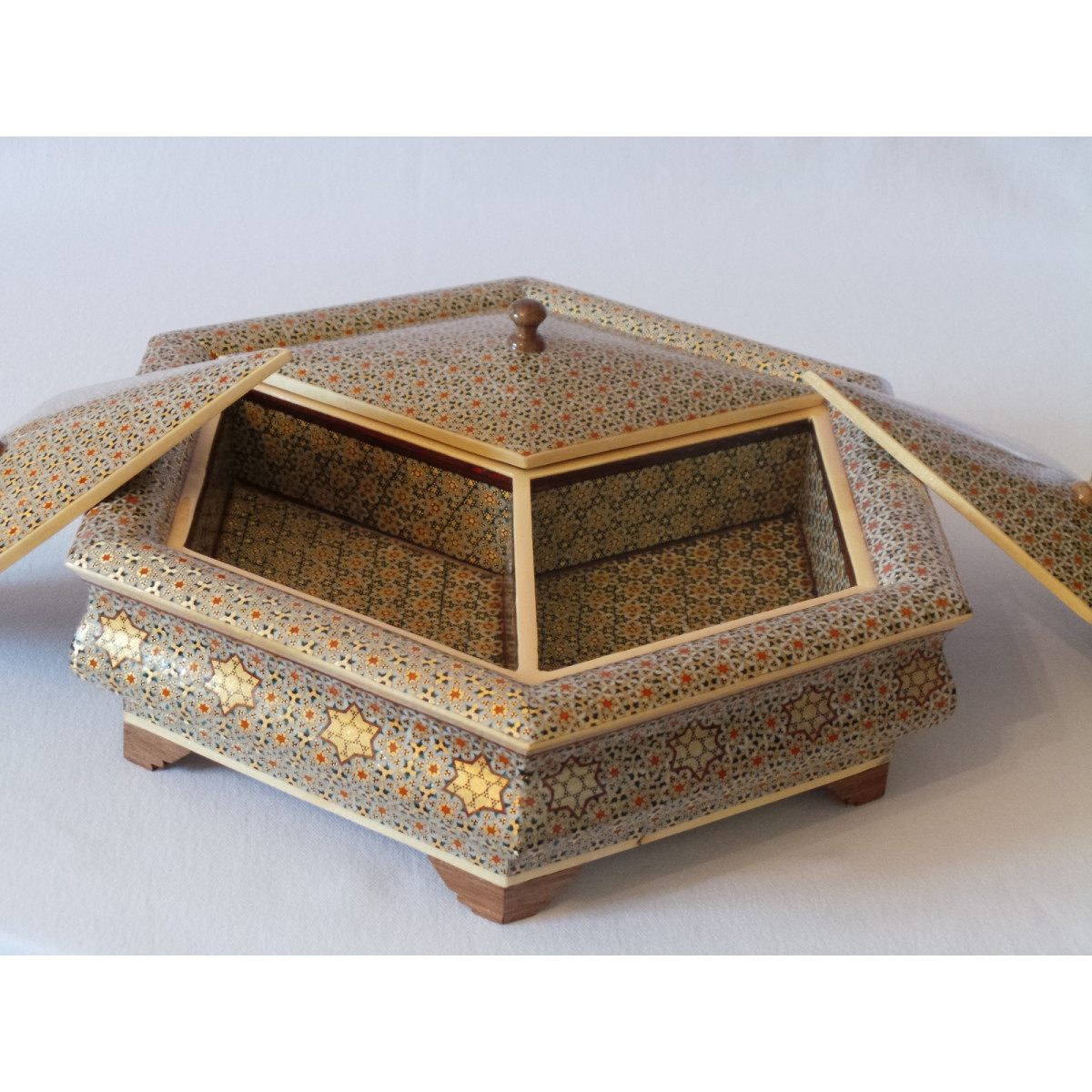 In & Out Khatam on Wood Candy/Nuts Hexagon Dish - HKH2044-Persian Handicrafts