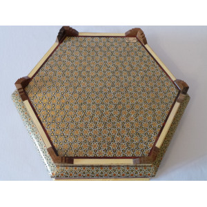 In & Out Khatam on Wood Candy/Nuts Hexagon Dish - HKH2044-Persian Handicrafts
