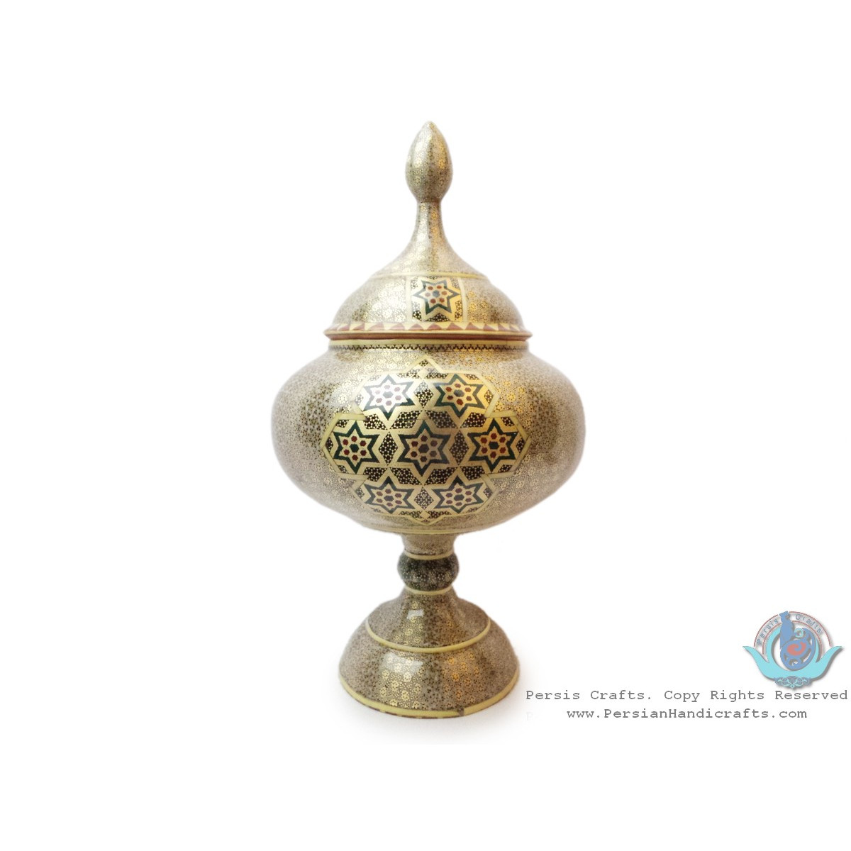 Khatam on Copper Pedestal Bowl Dish - HKH3004-Persian Handicrafts