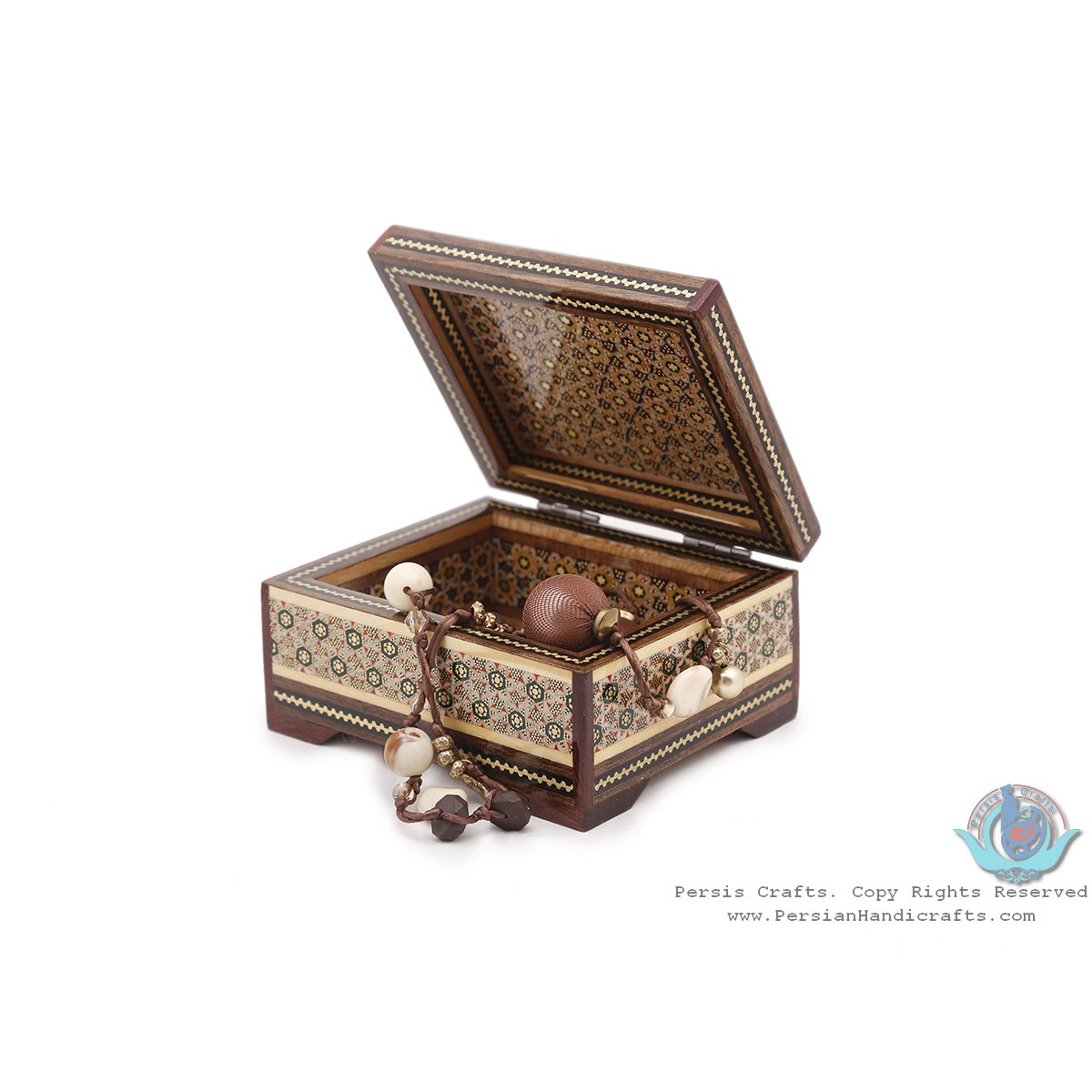 Khatam Marquetry with Flower & Bird Miniature on Jewelry Box - HKH3910-Persian Handicrafts