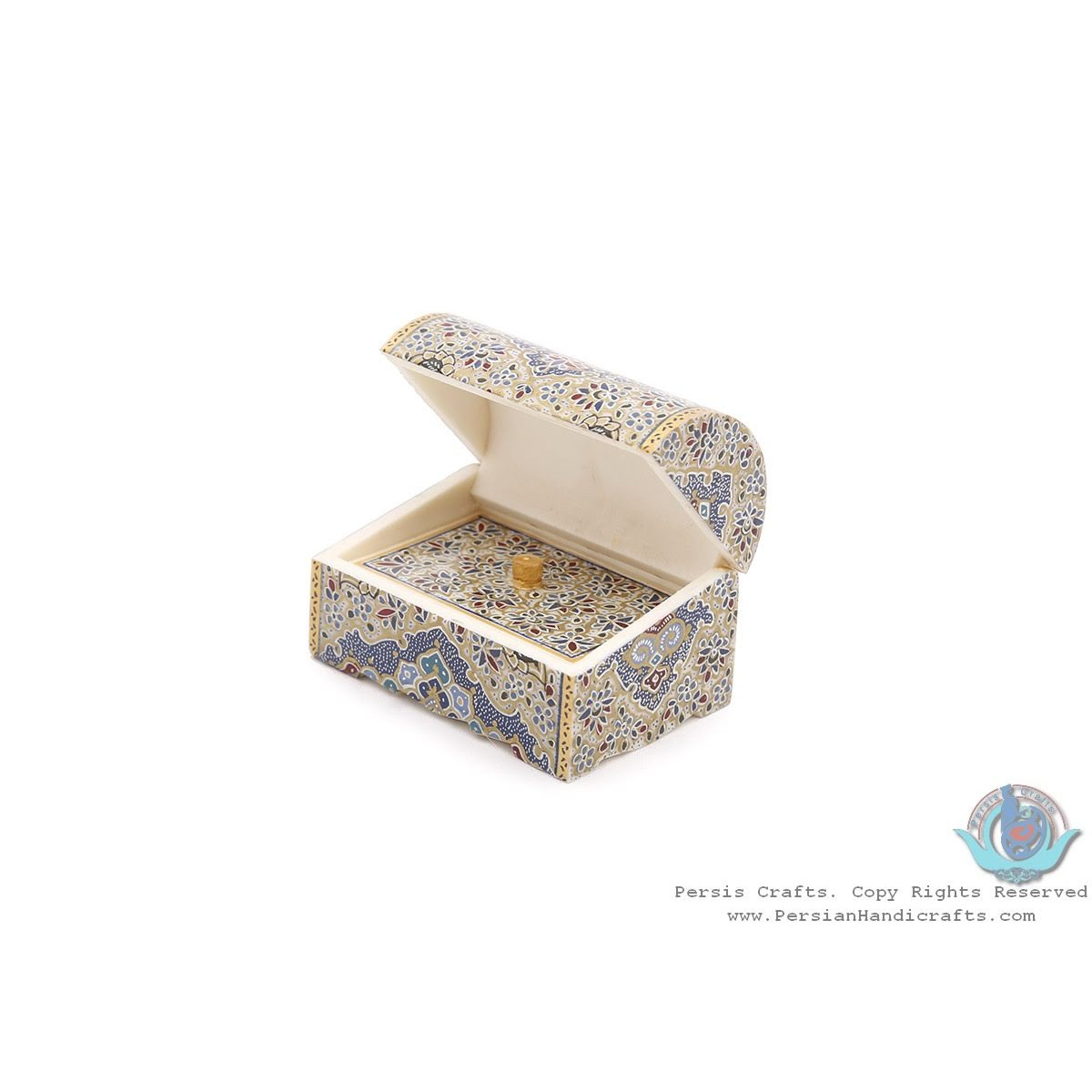 Premium Tazhib Miniature Round Trunk Shape Jewelry Box - HM3920-Persian Handicrafts