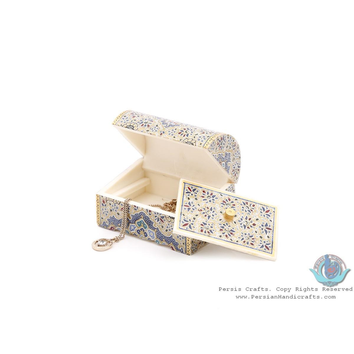 Premium Tazhib Miniature Round Trunk Shape Jewelry Box - HM3920-Persian Handicrafts
