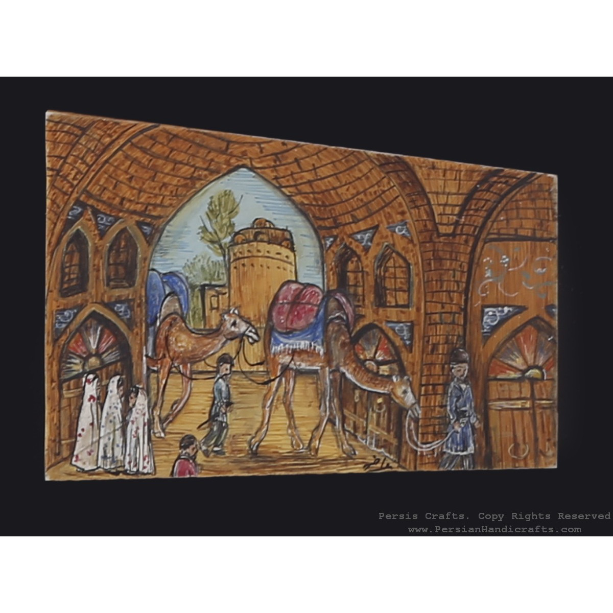 Miniature Hanpainting (Caravanserai) with Khatam Frame - HM3104-Persian Handicrafts