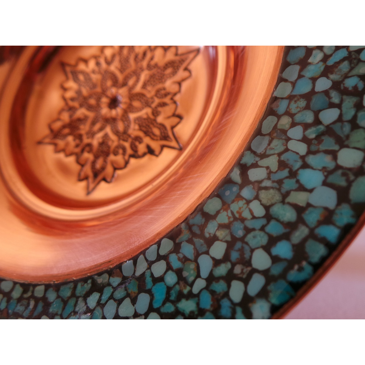 Turquoise Stone & Copper Candy/Nut Pedestal Bowl Dish - HTI2011-Persian Handicrafts